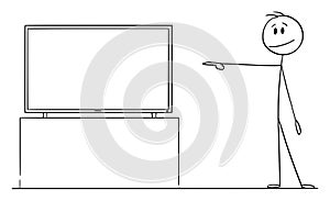 Person Is Pointing at Empty TV or Television, Showing or Marketing Something, Vector Cartoon Stick Figure Illustration