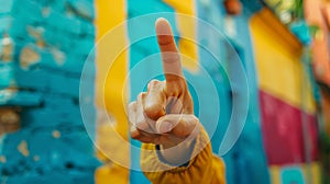 A person pointing at something with their finger in front of a colorful wall, AI