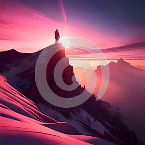 Person pondering the future on top of a mountain - ai generated image