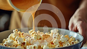 A person pouring a delicious and creamy melted cheese sauce over a bowl of classic buttered popcorn creating a