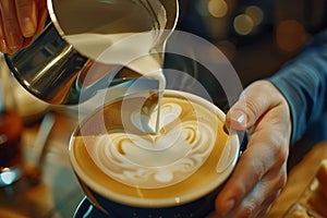 A person is pouring milk into a coffee cup with a heart design on it