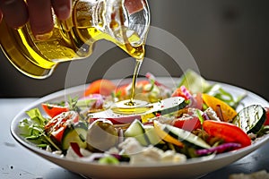 person pouring olive oil over a mediterranean salad