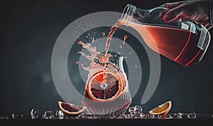 a person pouring orange juice into a glass with a slice of orange