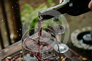 person pouring red wine, droplets visible midair