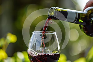 person pouring red wine, droplets visible midair