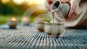 A person pouring tea into a cup from another small pot, AI