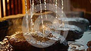 A person pouring water onto hot rocks in a sauna creating a humid and healing environment for migraine sufferers.