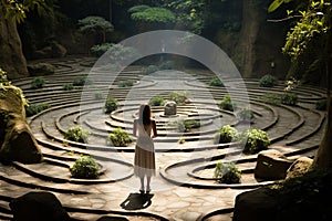 A person practices mindful walking along a labyrinth, tracing the winding path with each deliberate step on background of nature