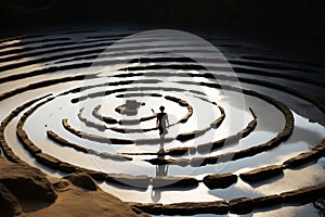 A person practices mindful walking along a labyrinth, tracing the winding path with each deliberate step on background of nature