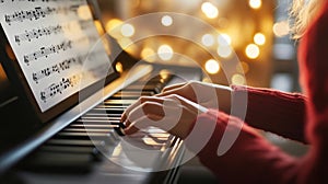 Learning piano through online tutorials with warm lighting and music sheets on a digital tablet enhances creativity and photo
