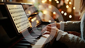 Learning piano with online tutorials in warm lighting while following music sheets on a digital tablet photo