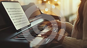Engaging in online piano learning with a digital tablet and music sheets in serene warm lighting photo