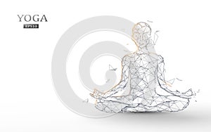Person practices yoga and meditation in the lotus position. Zen meditation exercise. Lines, triangles and particle design