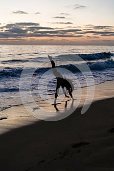 Person practicing yoga poses at sunset on a sandy beach.