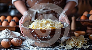 Person prepares food mixing dough in a wooden bowl 2