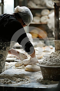 person preparing bread or buns in bakery closeup, chef making baked pastry at kitchen