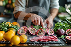 Person preparing healthy fruit- slicing passion fruits and aloe vera