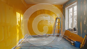 Person preparing to paint wall with precision, applying masking tape for clean and defined edges photo