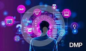 Person Presenting the Concept of DMP Data Management Platform Surrounded by Related Icons Representing Data Collection Analysis