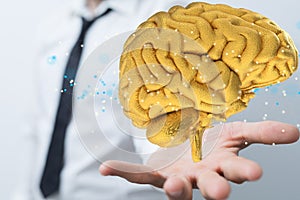 Person presenting a 3D render of human brain - IQ testing and artificial intelligence concept