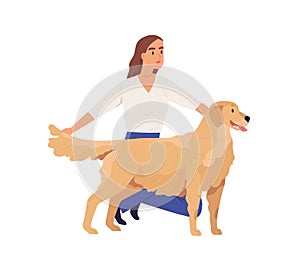 Person presenting golden Retriever. Young woman showing her dog. Doggy standing with tongue hanging out and its owner