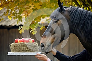 person presenting a horse with a hay cake topped with apples photo