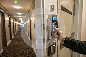 Person presses button on digital lock keypad for security