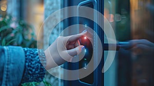 Person Pressing Digital Elevator Button with Illuminated Numbers.