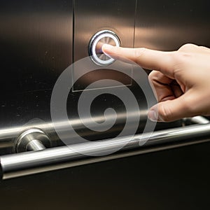 Person pressing elevator button isolated on white background