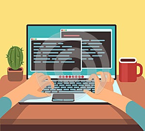 Person programmer working on pc laptop with program code on screen. Coding and programming vector concept
