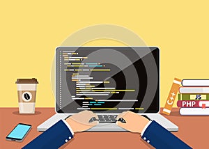 Person programmer working on pc laptop