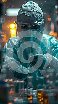 Person in Protective Suit and Goggles Working in Laboratory