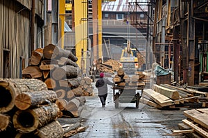 person pulling a cart laden with timber through a lumberyard