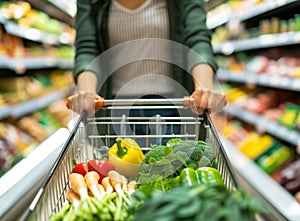 A person pushes a cart filled with fresh vegetables in a grocery store aisle.