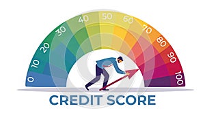 Person pushing an arrow on a colorful credit score gauge, concept of improving financial health