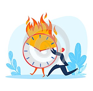 Person pushing a burning clock, expressing urgency and deadline pressure. Concept of time management and work stress