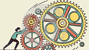 Person Pushing Large Interlocking Gears, Progress Concept, vector design Generative AI