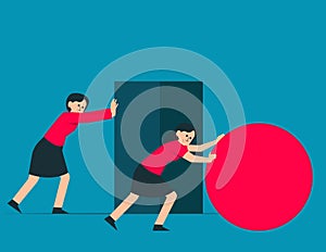 Person pushing a sphere leading the race against. Vector strategy concept