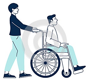 Person pushing wheelchair with patient. Disabled man lifestyle