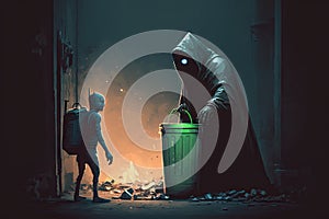 person, putting out the garbage on trash day, with android thief waiting in the shadows