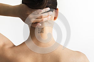 Person with QR code on neck future technology chipization people for observation
