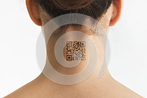 Person with QR code on neck future technology chipization people for observation