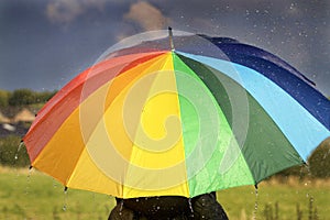 A person with rainbow colored umbrella in the rain