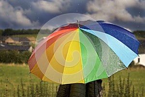 A person with rainbow colored umbrella in the rain