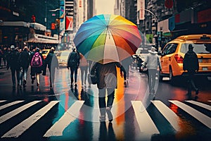 person, with rainbow umbrella, crossing busy street in bustling city
