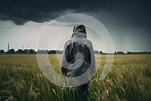 Person in Raincoat Standing in Field