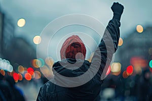 Person with raised fist on a city street at dusk