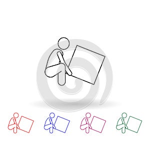 The person raises the box multi color icon. Simple thin line, outline vector of carrying and picking a box icons for ui and ux,