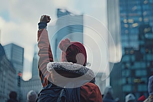 Person raising fist in the air in urban setting