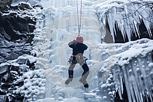 person rappelling down icy cascade with rope and harness